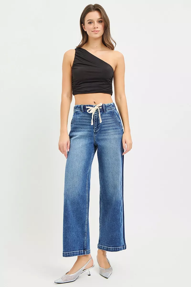 Elastic Band High Rise Cropped Wide Jeans, image 3