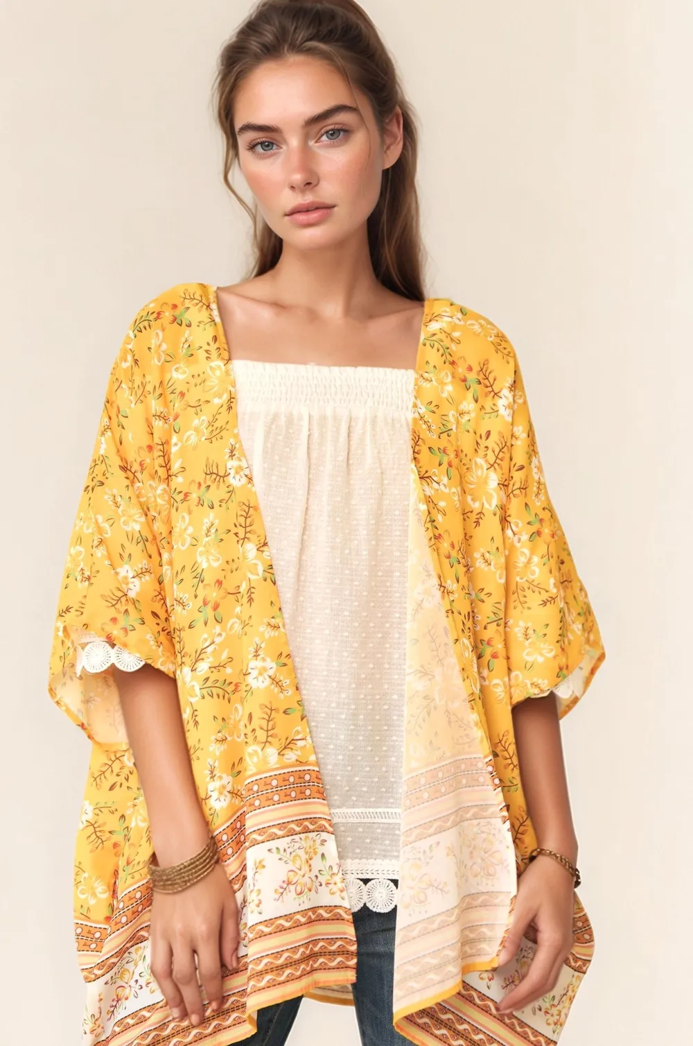 Floral Printed Short Sleeve Loose Fit Kimono Cover Up