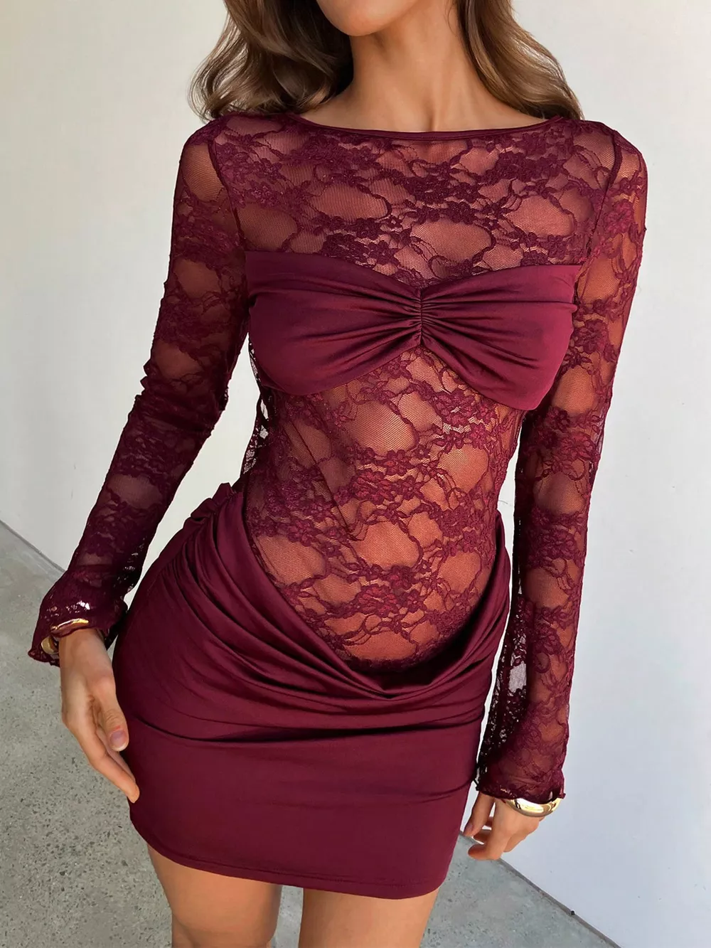 Lace Sheer Cutout Back Long Sleeve Ruched Dress, image 2