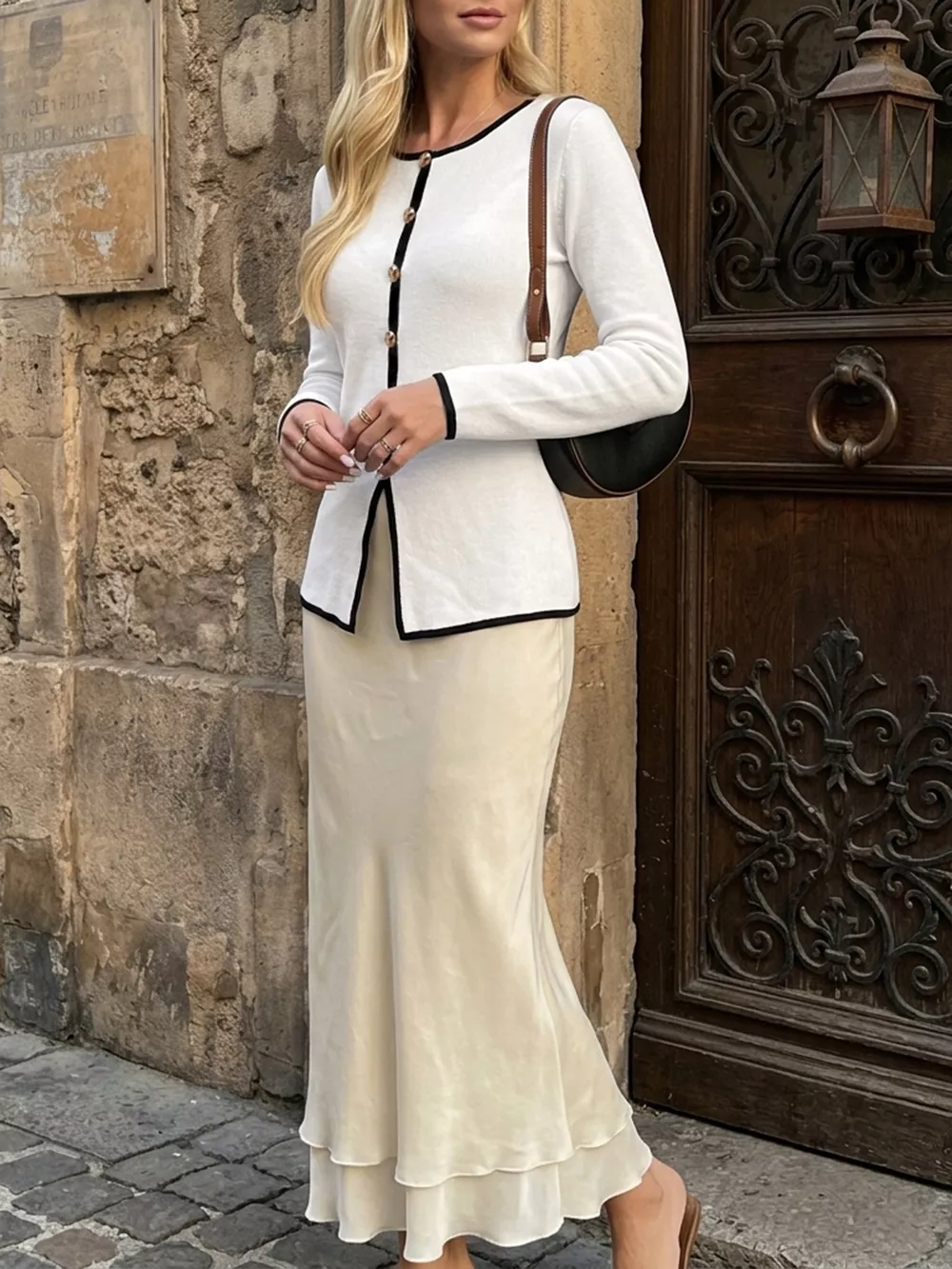 Contrast Trim Button Decor Knit Top, image 5