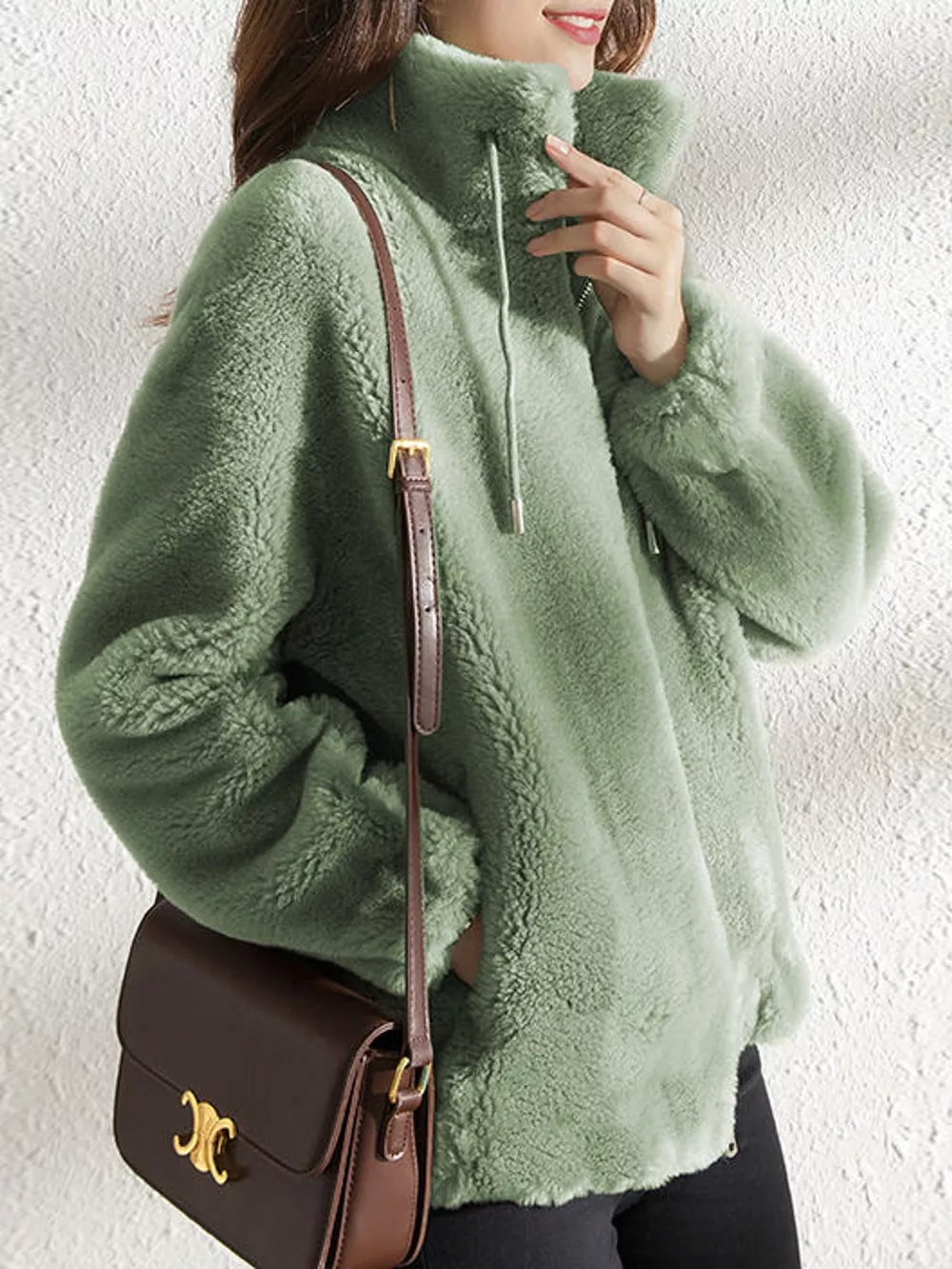 Full Size Drawstring Faux Fur Stand-Collar Zip-Up Outerwear Plus Size, image 2