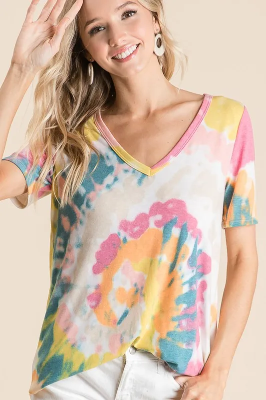 Circular Tie Dye Print V Neck Top, image 5