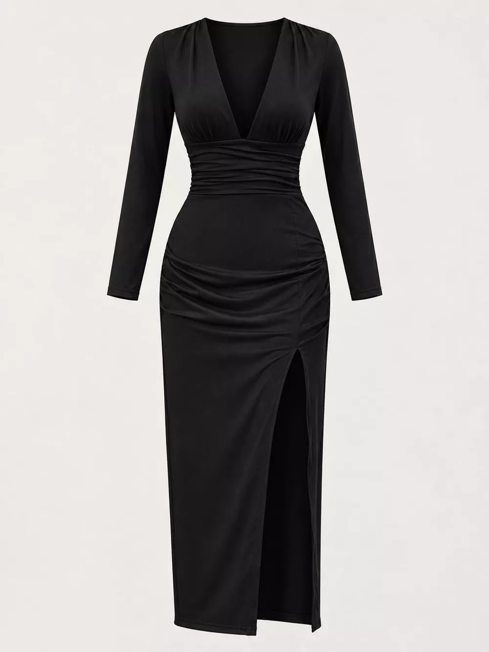 Deep V-Neck Ruched Bodycon Dress with High Slit, image 3
