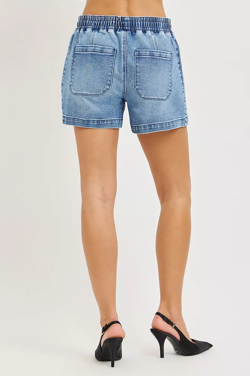 Elastic Band Slouchy Denim Shorts with Star Patched Details, image 6