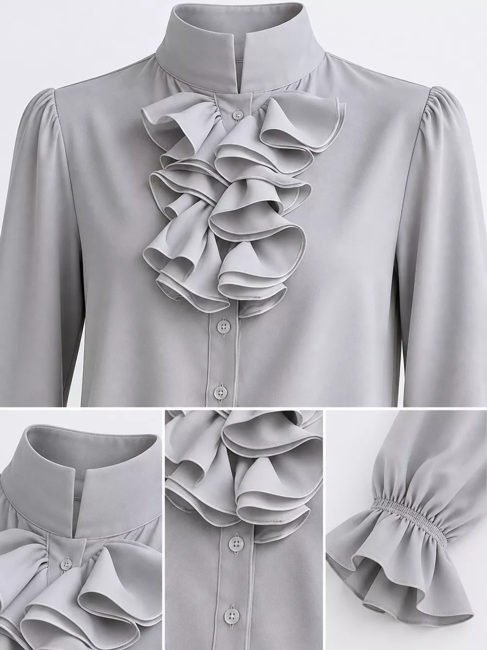 Ruffled Stand-Collar Blouse with Long Lantern Sleeves, image 7