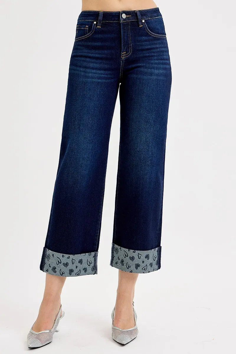 Full Size Mid Rise Fit Crop Wide With Printed Cuff Jeans Plus Size
