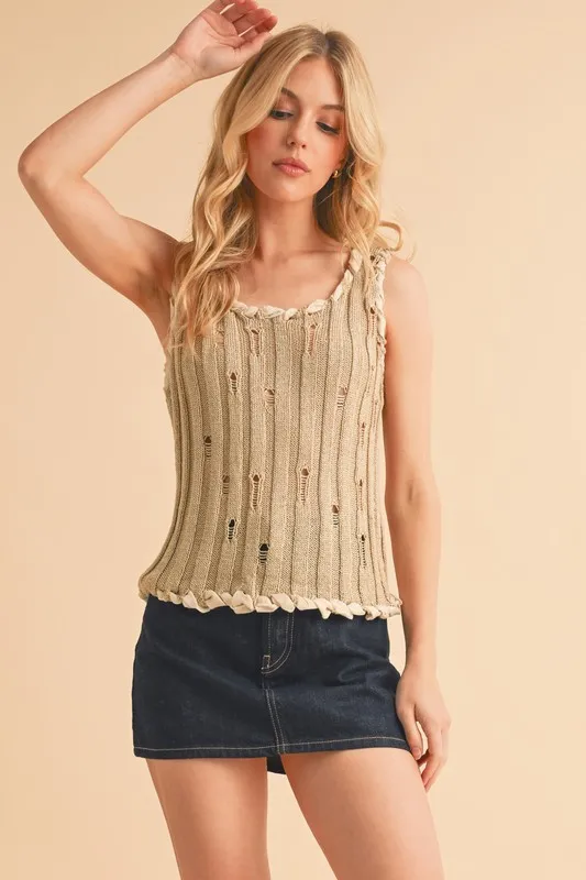 Distressed Detail Round Neck Knit Tank