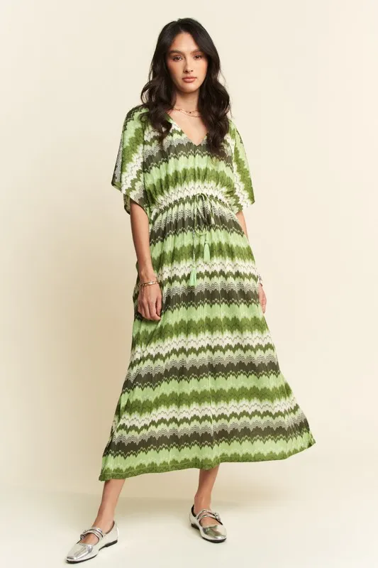 Multi Color Wavy Tie Waist Flowy Sleeve Dress, image 3