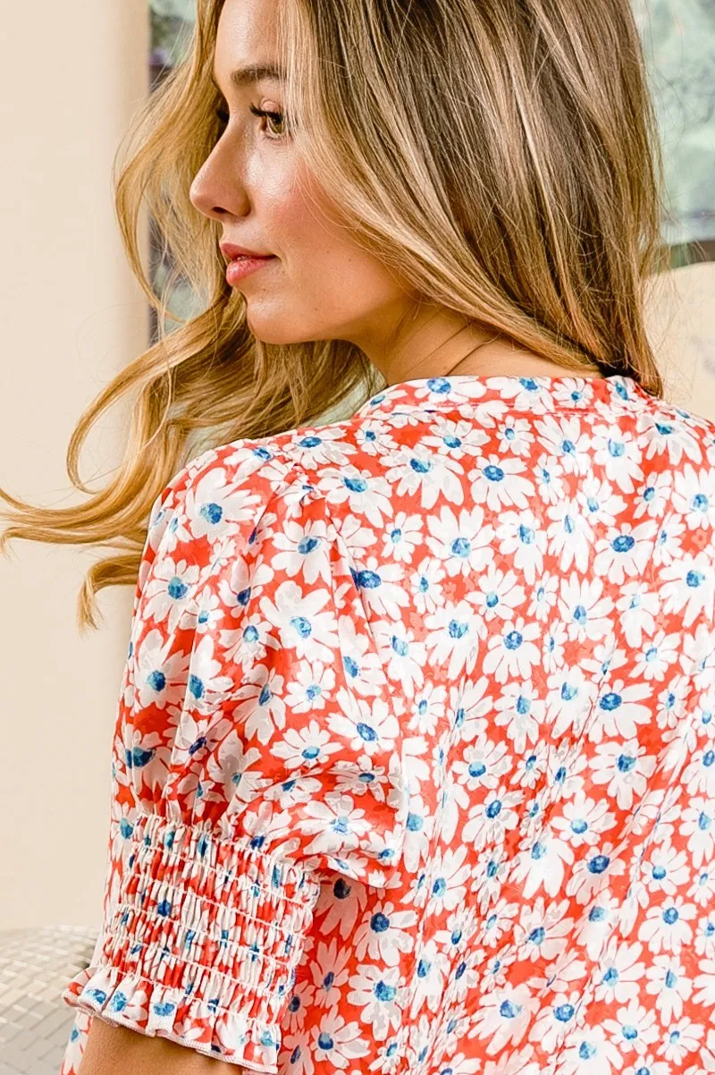 Floral Jqd Smoked Puff Sleeves V Neck Top, image 19