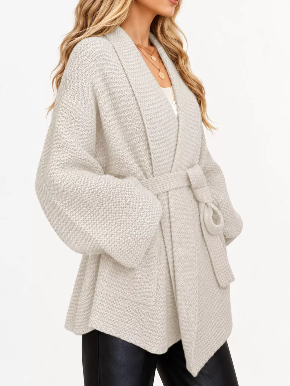Full Size Belted Open-Front Knit Cardigan Plus Size, image 5