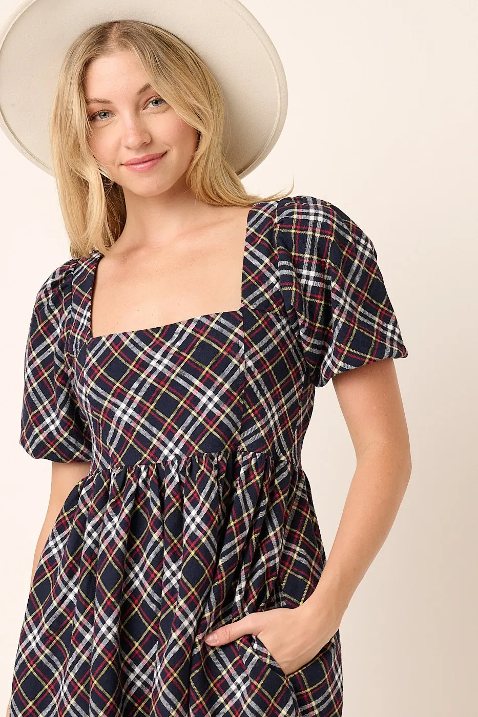 Checkered Print Puff Sleeve Babydoll Mini Dress, image 4