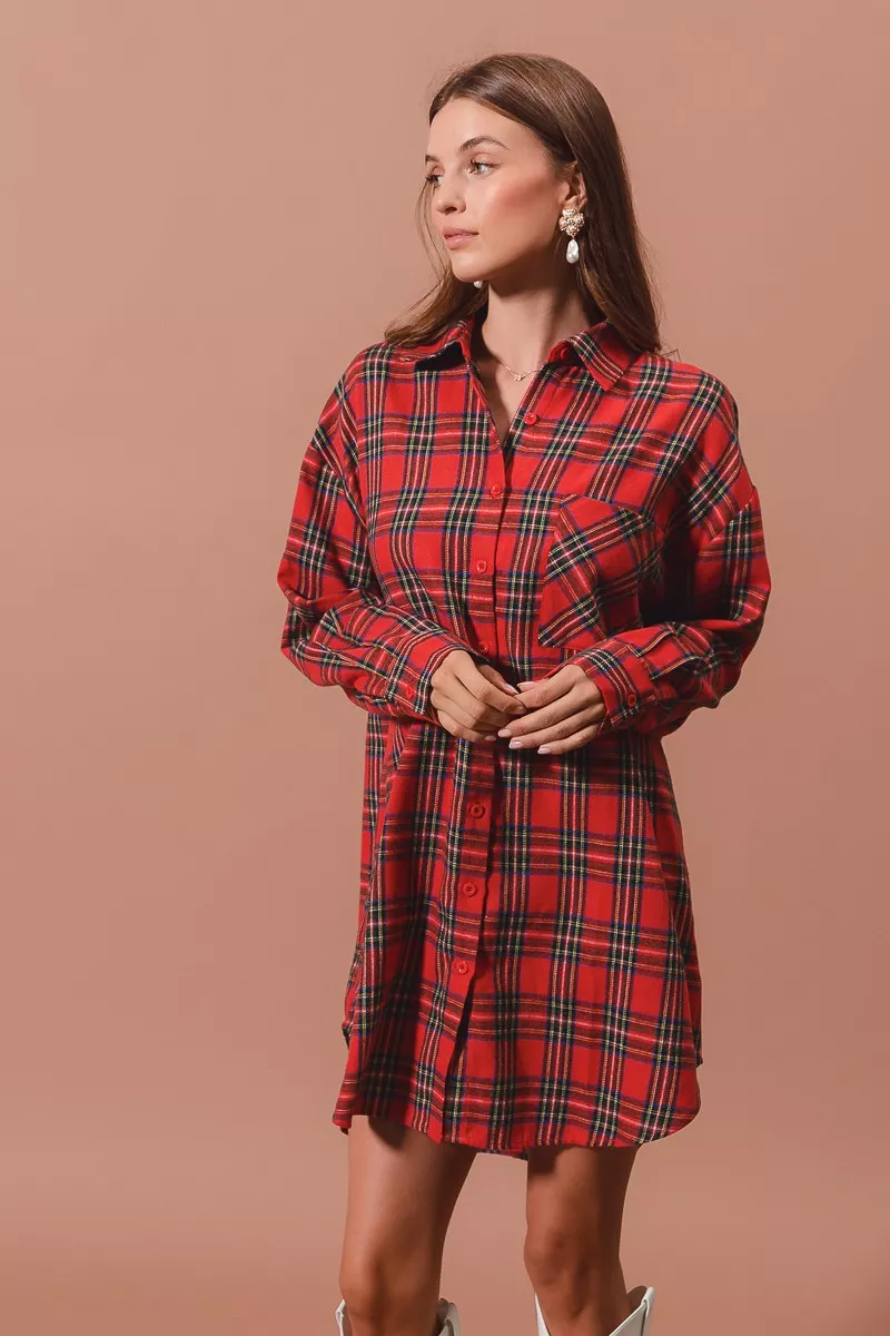 Christmas Checker Plaid Button Up Shirt Dress, image 9