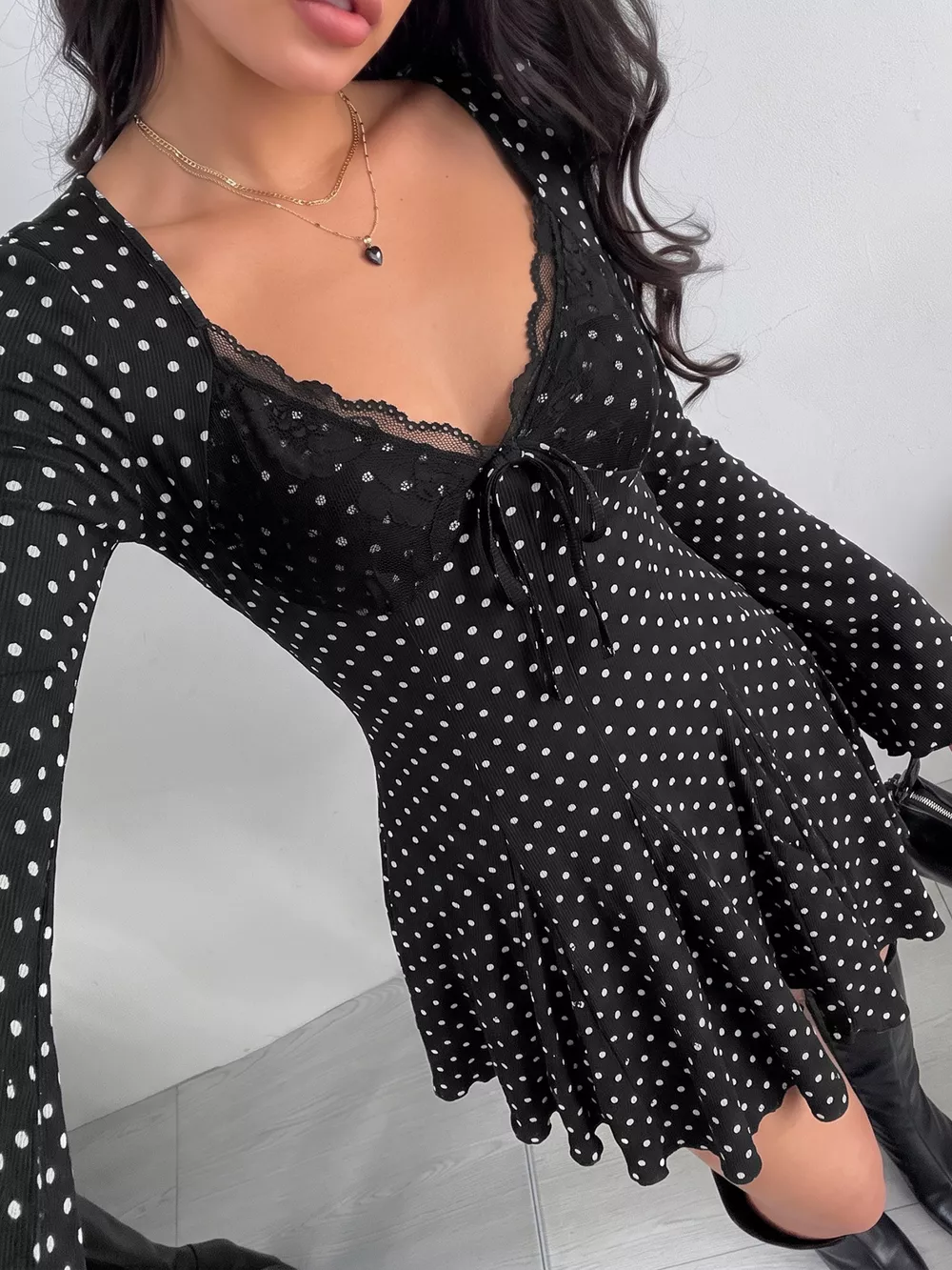 Polka Dot Lace Trimmed V-Neck Mini Dress, image 2