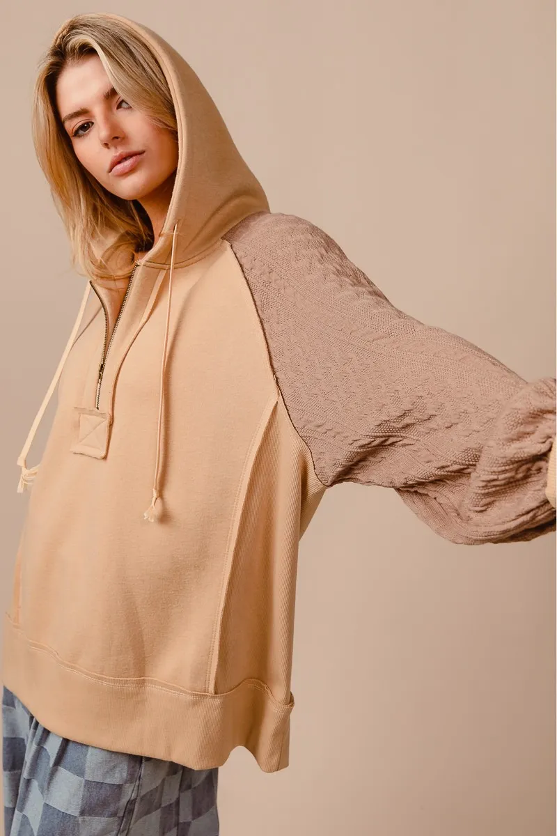 Half Zip French Terry Hoodie with Kint Sleeves, image 5