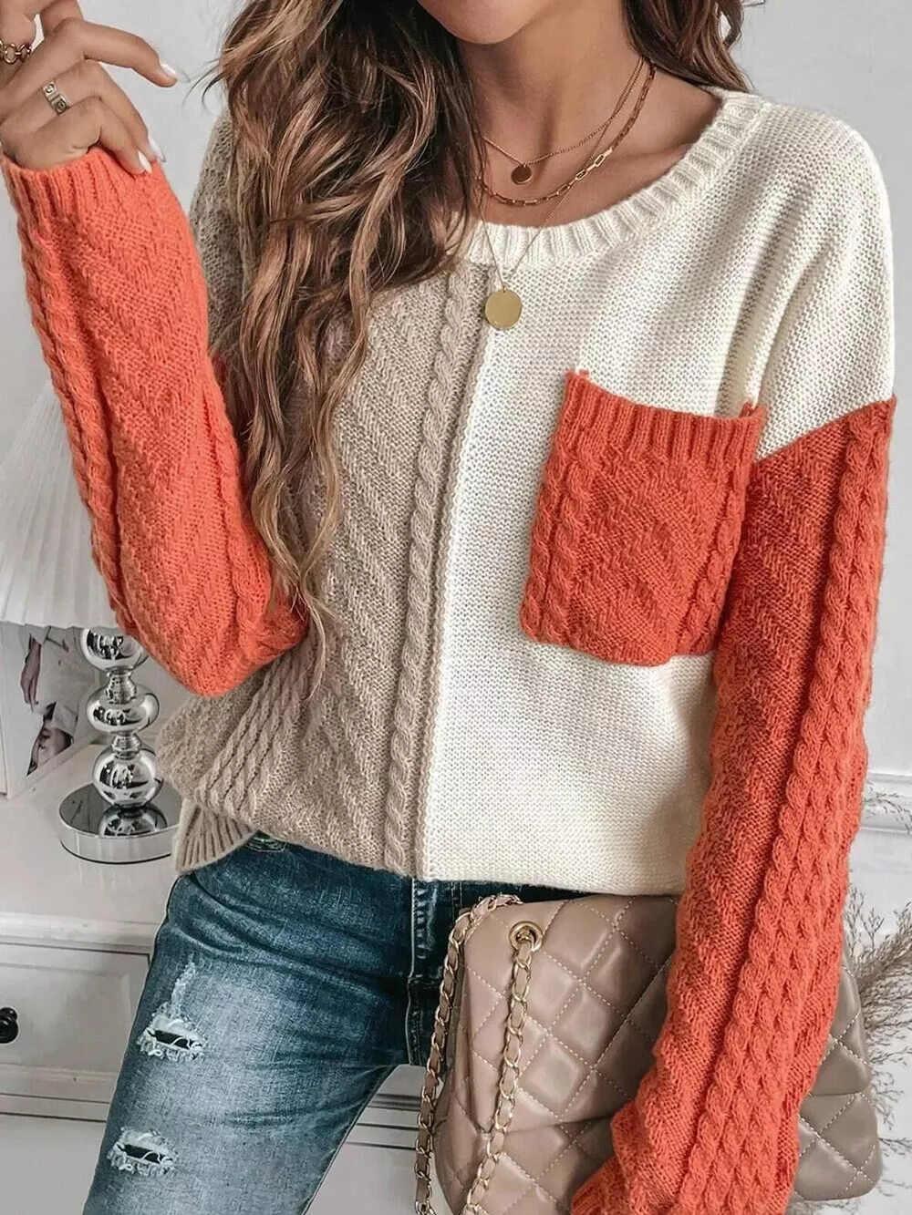 Color Block Cable Knit Sweater, image 5