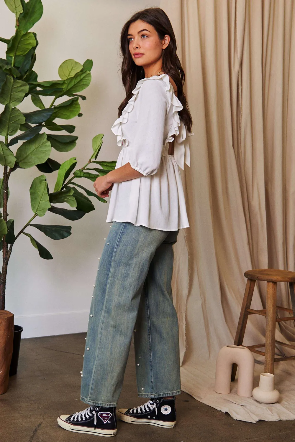 Texture Tie Back Floral Embroidery Frill Blouse, image 10