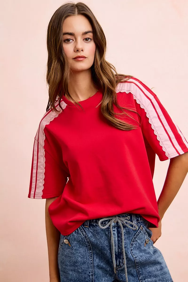 BiBi French Terry Side Lace Detail Short Sleeves Top, image 7