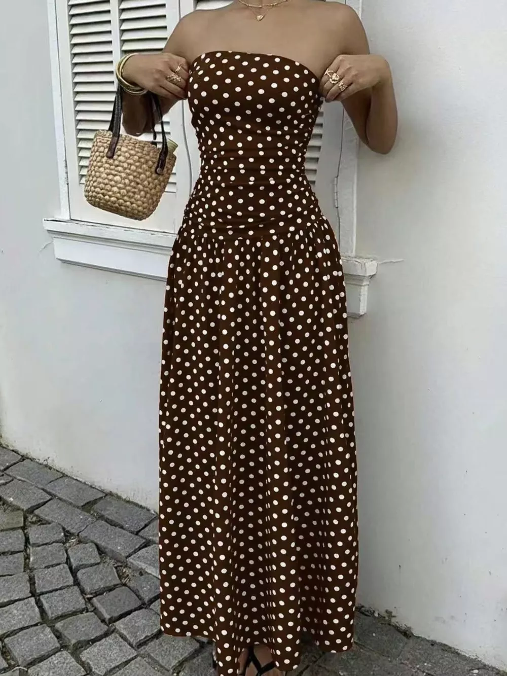Strapless Polka Dot Ruched Maxi Dress, image 23