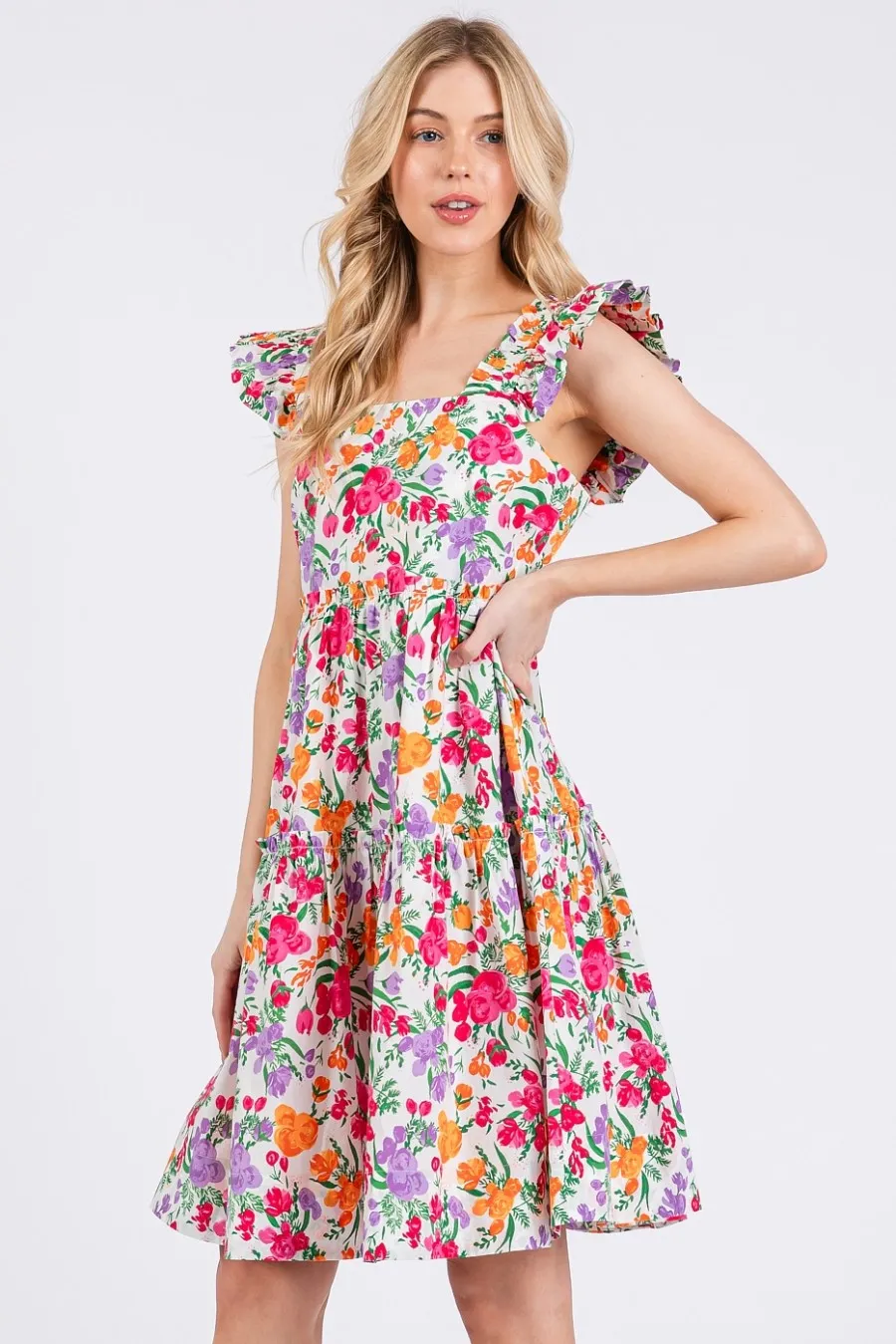 Flower Print Ruffle Shoulder A-line Mini Dress