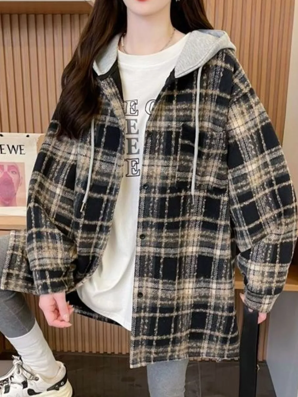 Plaid Button Up Hooded Shacket, image 14