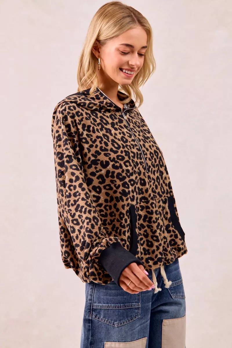 Leopard Print Waffle Half Zip Up Hoodie W Pocket, image 11