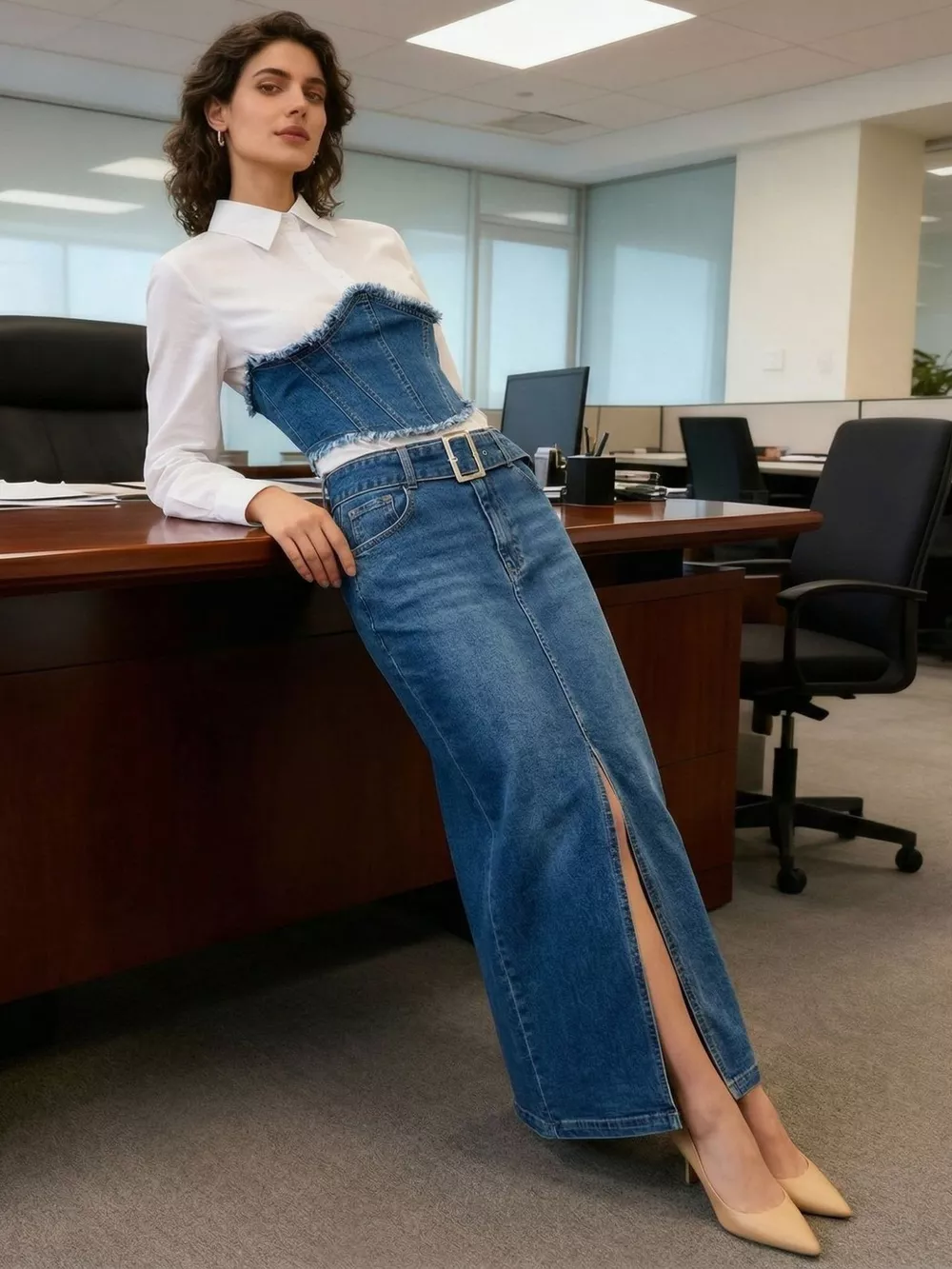 Frayed Denim Patchwork Top & Slit Maxi Skirt Denim Set, image 2