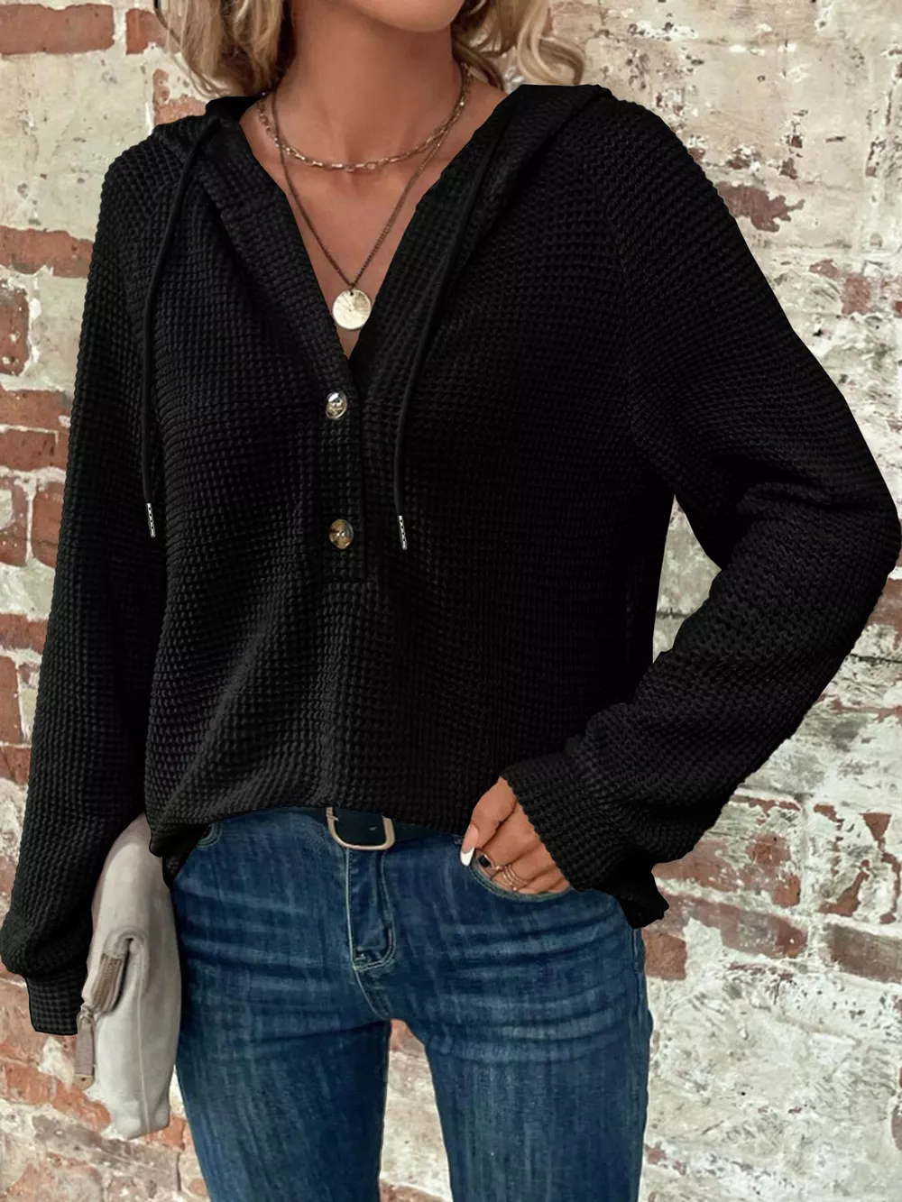 Full Size Waffle Knit Button Detail Hoodie Plus Size, image 27