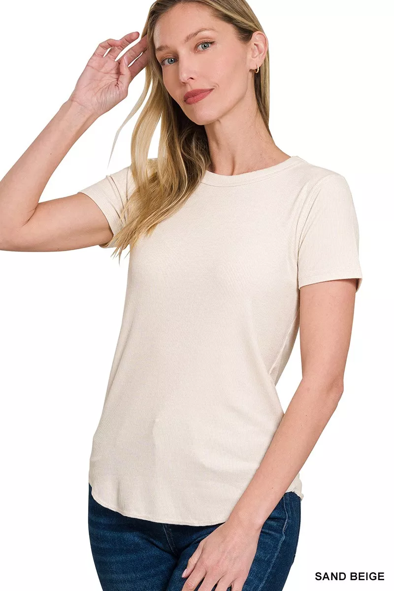 Ribbed Curved Hem Round-Neck Tee