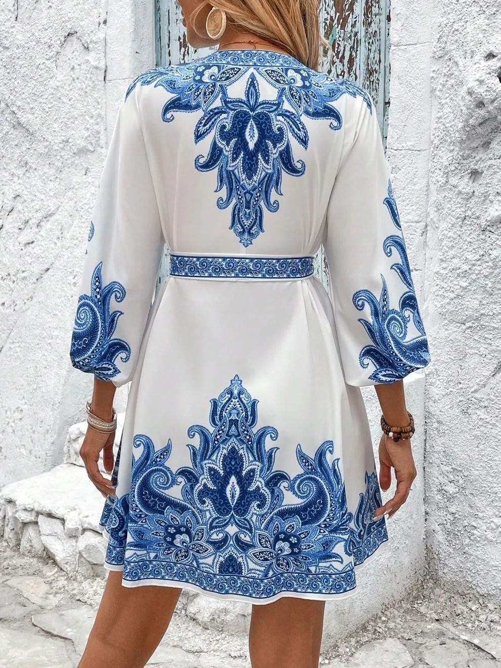 Paisley V-Neck 3/4 Sleeve Mini Dress, image 10
