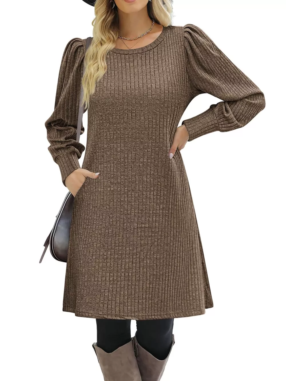 Puff Sleeve Ribbed Knit Dress with Pockets, image 18