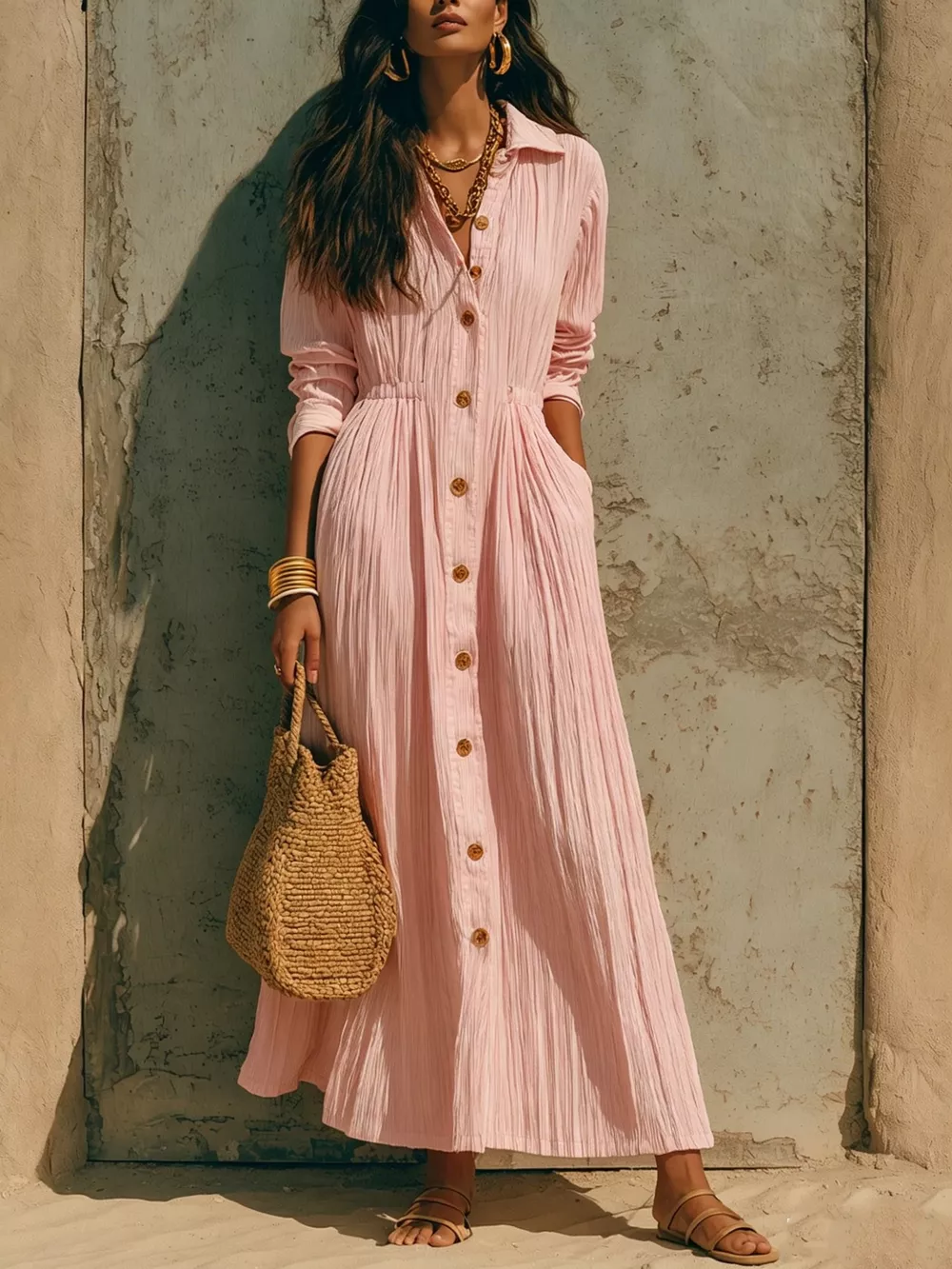 Full Size Textured Button Front Long Sleeve Maxi Dress Plus Size, image 18