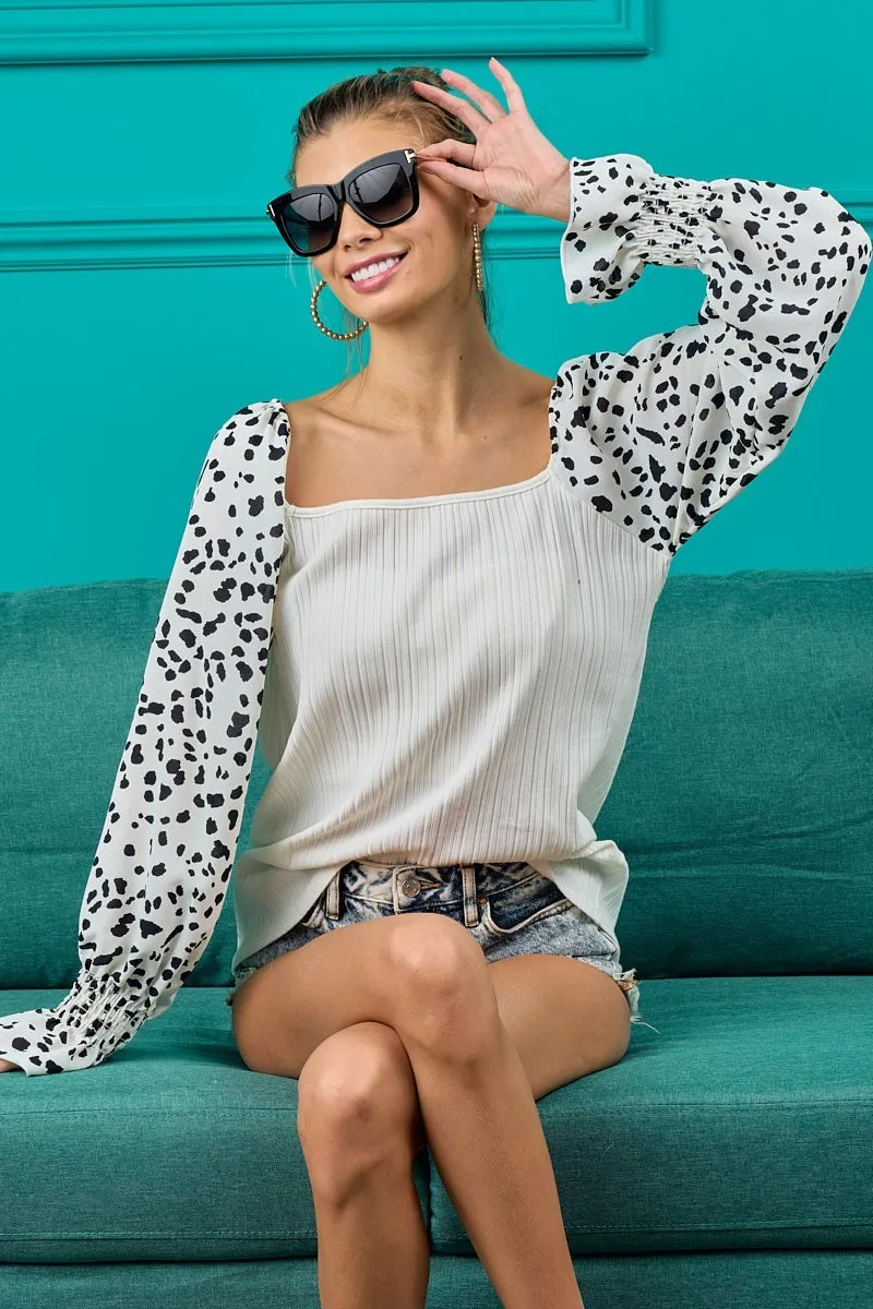 Ribbed Top with Leopard Long Sleeves