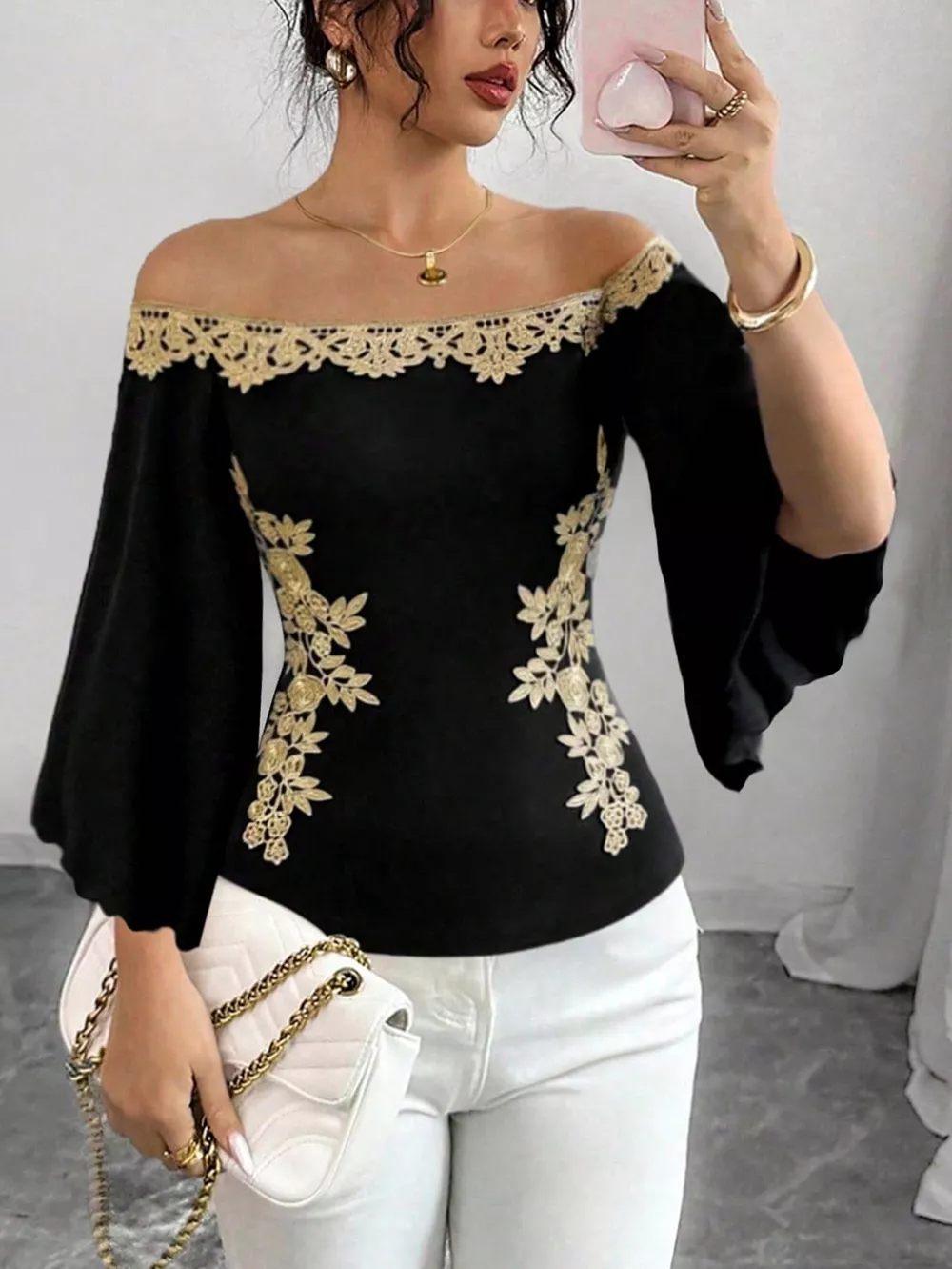 Off-Shoulder Embroidered Bell Sleeve Top, image 4