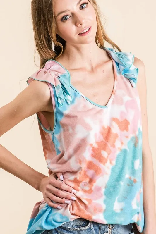 Circular Tie Dye Knit V Neck Top With Ruffle, image 3