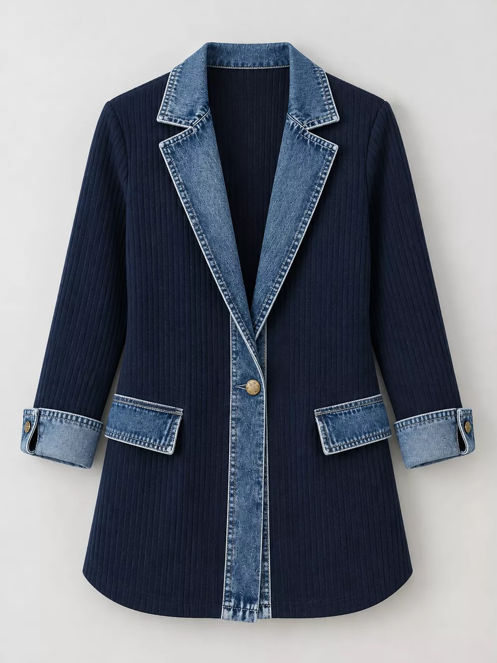 Full Size Denim Trim Ribbed Knit Cardigan Plus Size, image 30