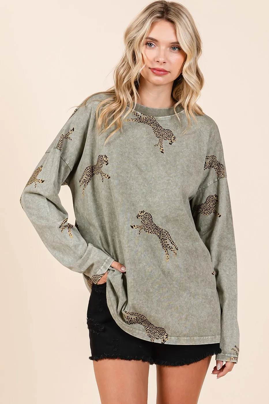 Mineral Wash Cheetah Print Long Sleeve Top, image 9