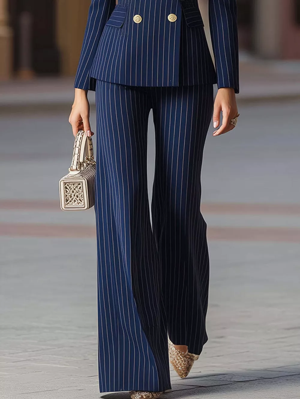 Double-Breasted Pinstripe Blazer and Wide-Leg Pants Set, image 3