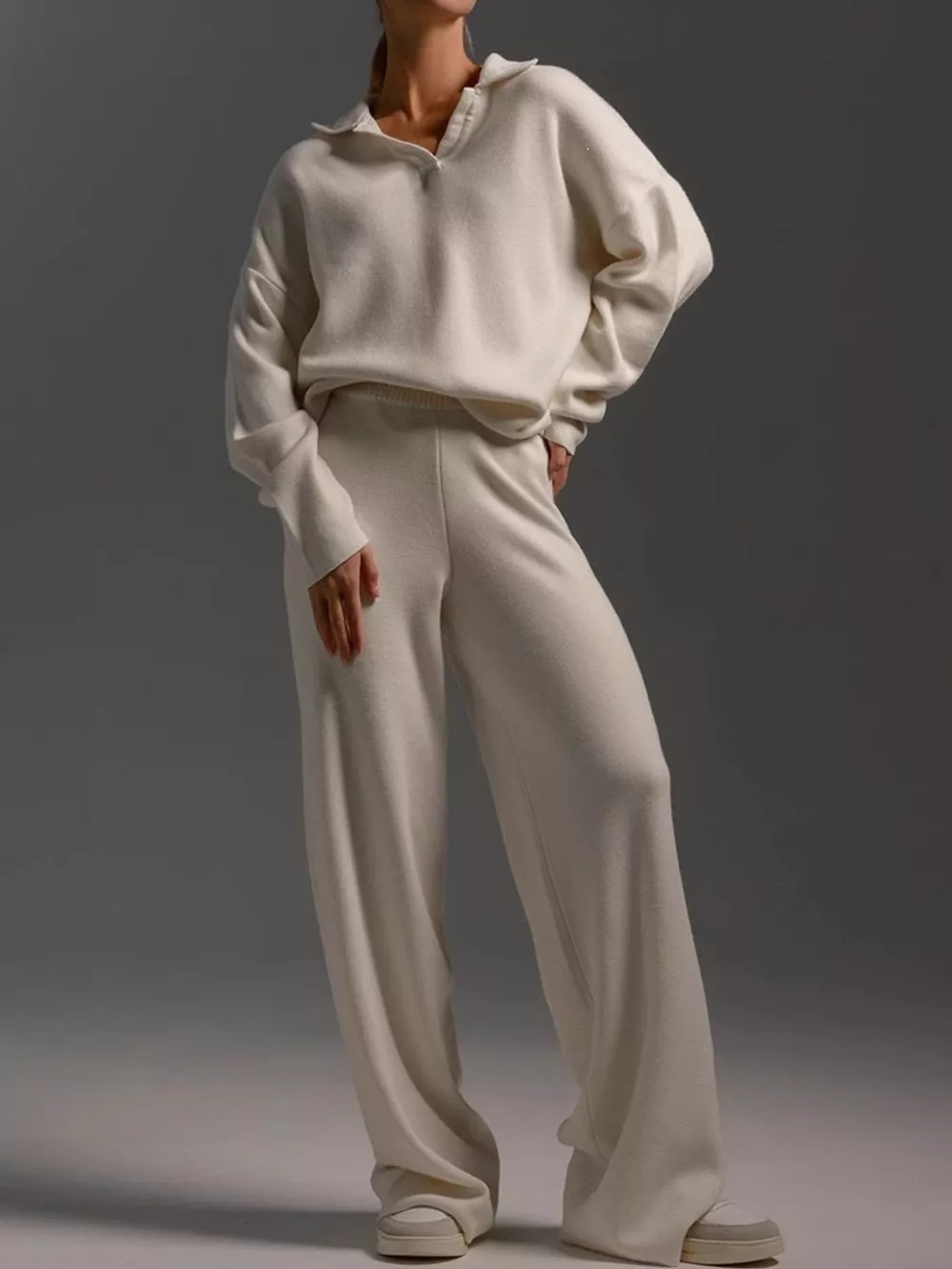 Polo Collar Top and Wide-Leg Pants Set
