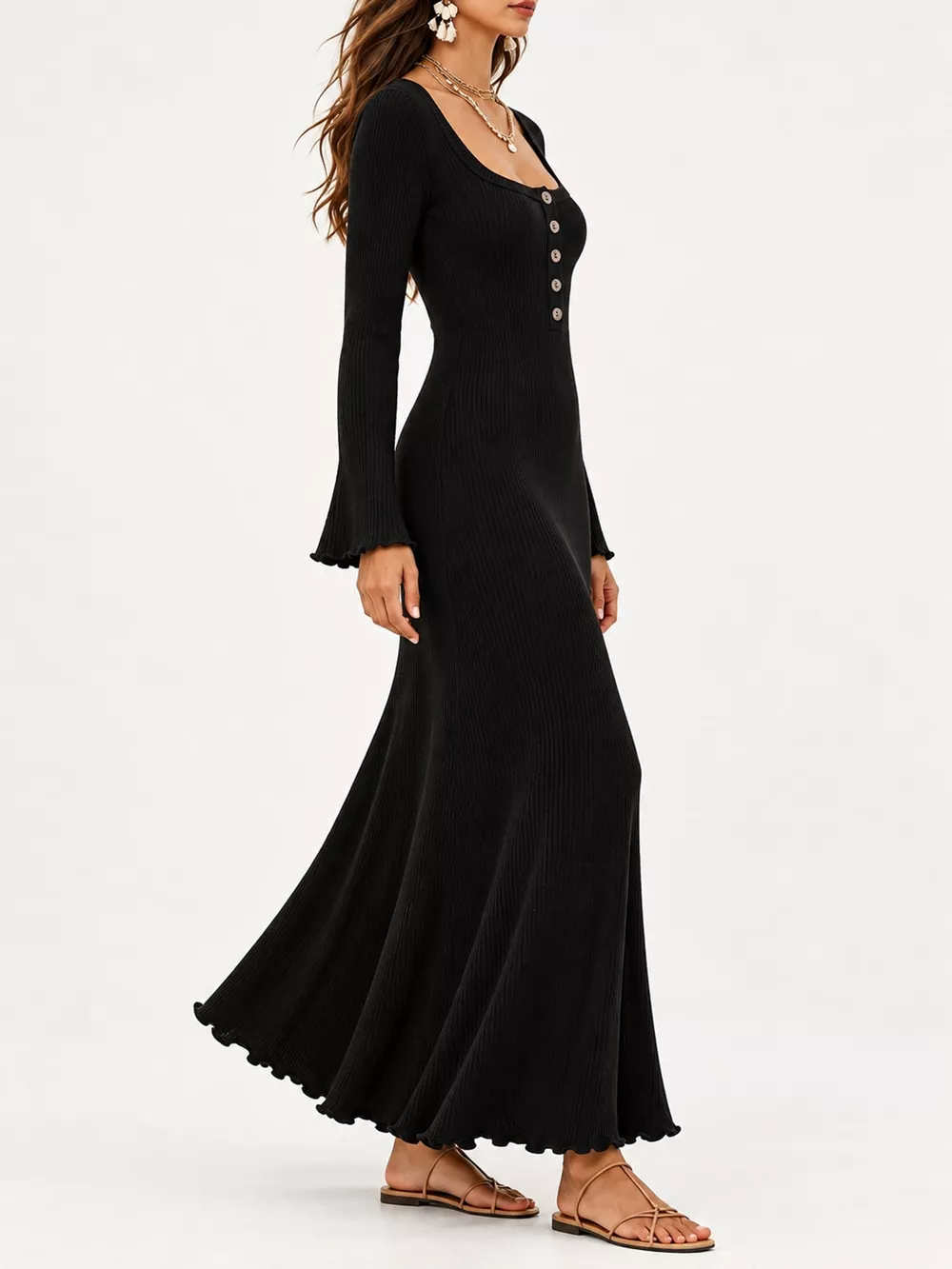 Button-Front Ribbed Knit Maxi Dress, image 8