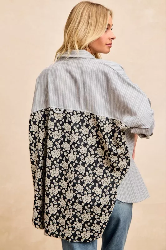 Stripes Jacquard Floral Mix And Match Shirt Top, image 8