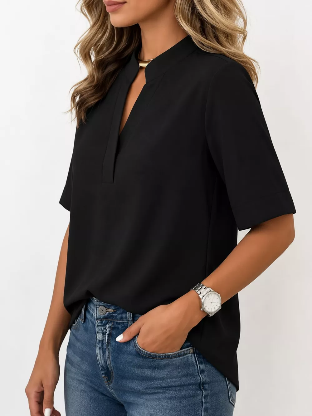 Full Size Notched Short Sleeve Blouse Plus Size, image 7