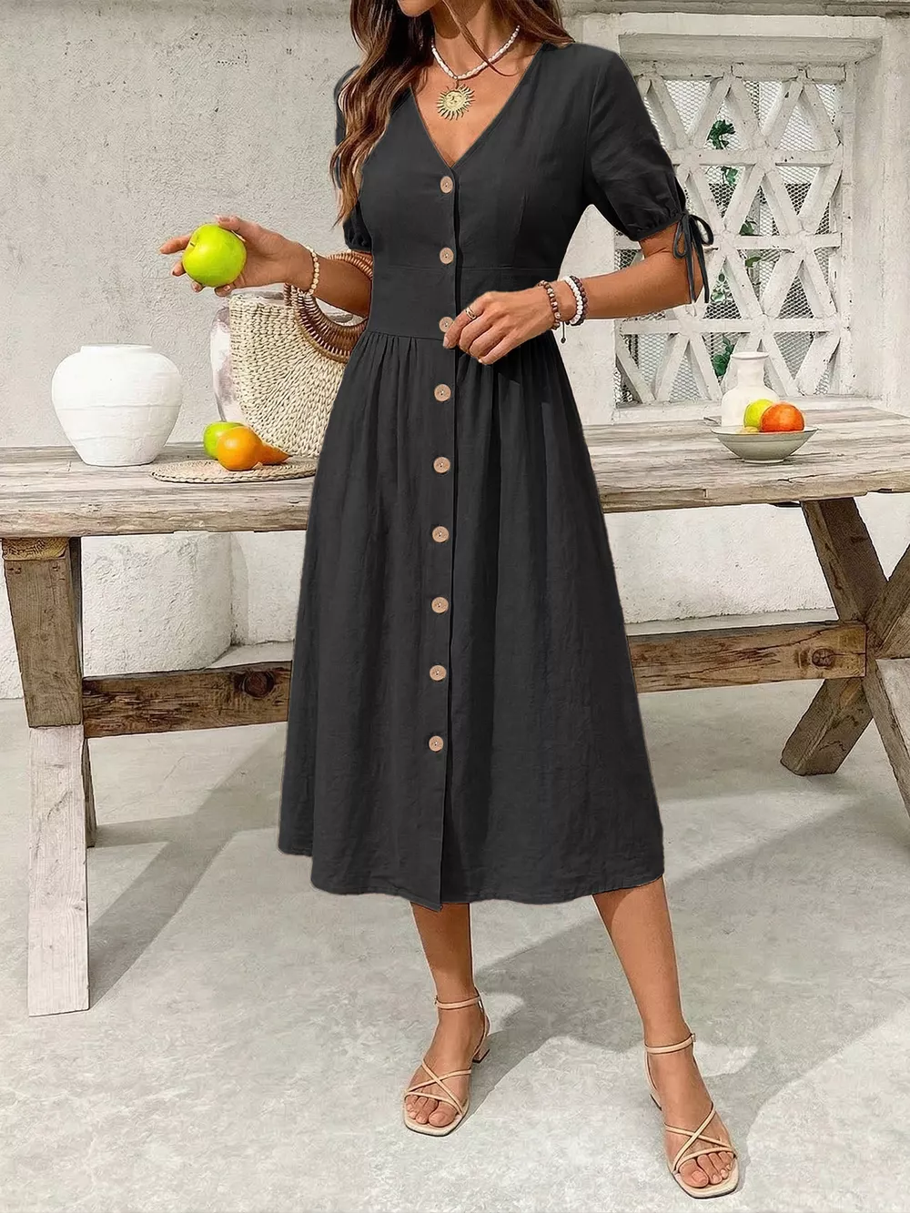 Button-Down Short Sleeve Midi Dress, image 10