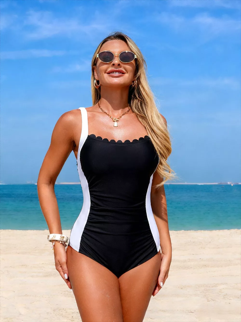 Two-Tone Ruched One-Piece Swimsuit, image 17