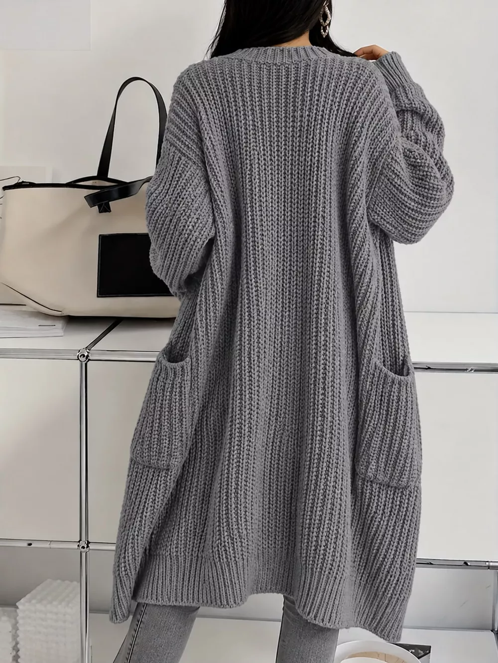 Full Size Chunky Knit Openwork Front Longline Cardigan Plus Size, image 48