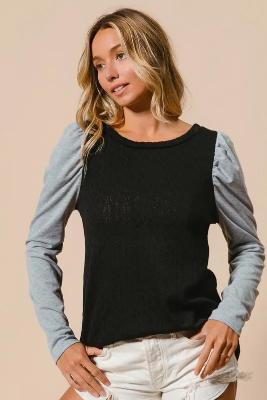 Cable Sweater Knit Top with Contrast Puff Sleeve, image 7