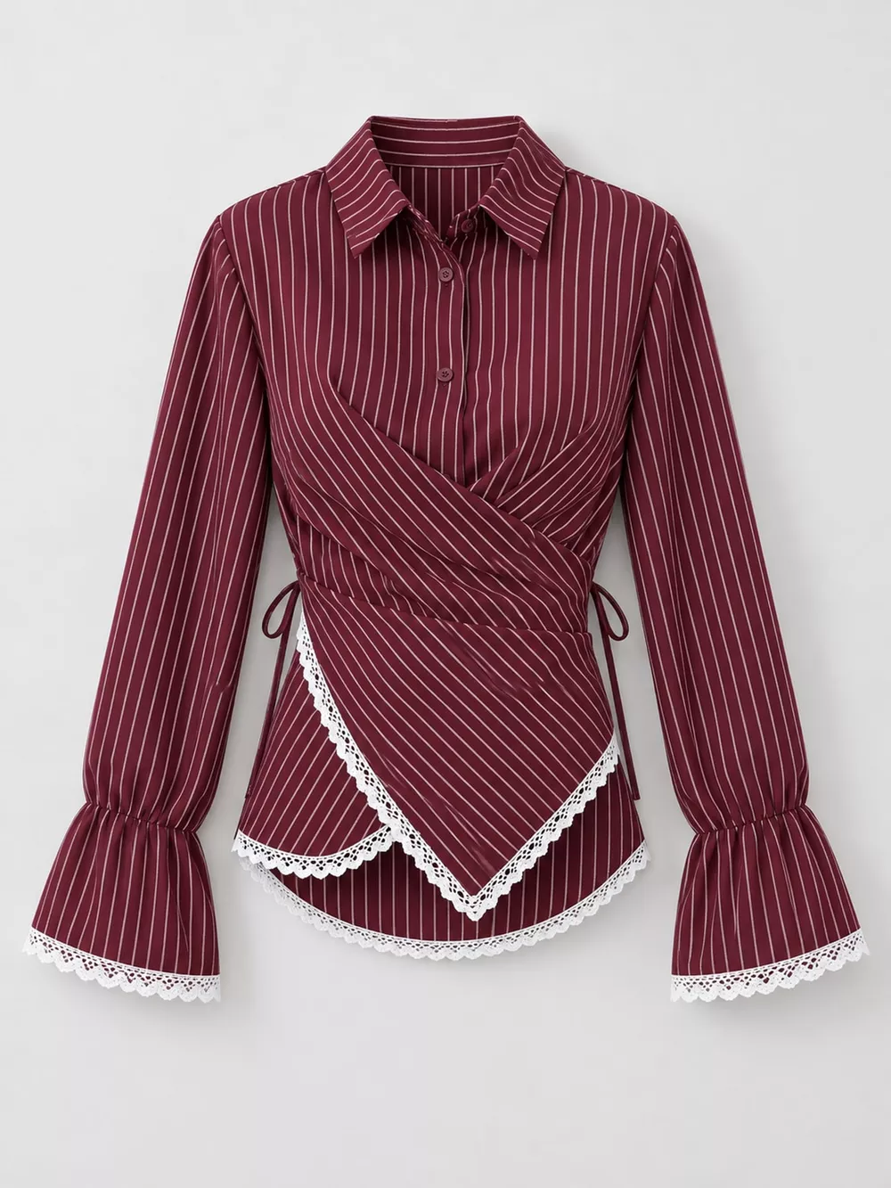 Lace Trim Long Sleeves Striped Shirt, image 20