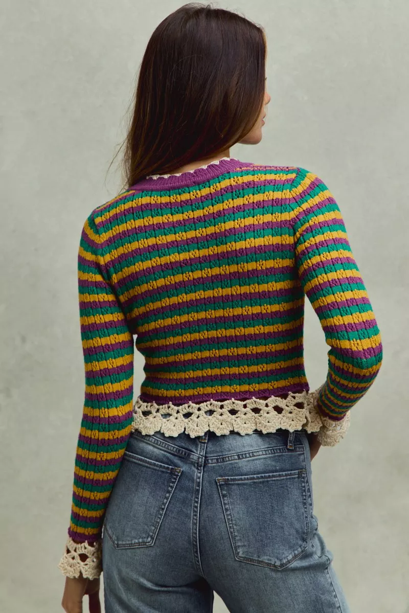 Mardi Gras Striped Cropped Knit Top with Crochet Edge, image 7