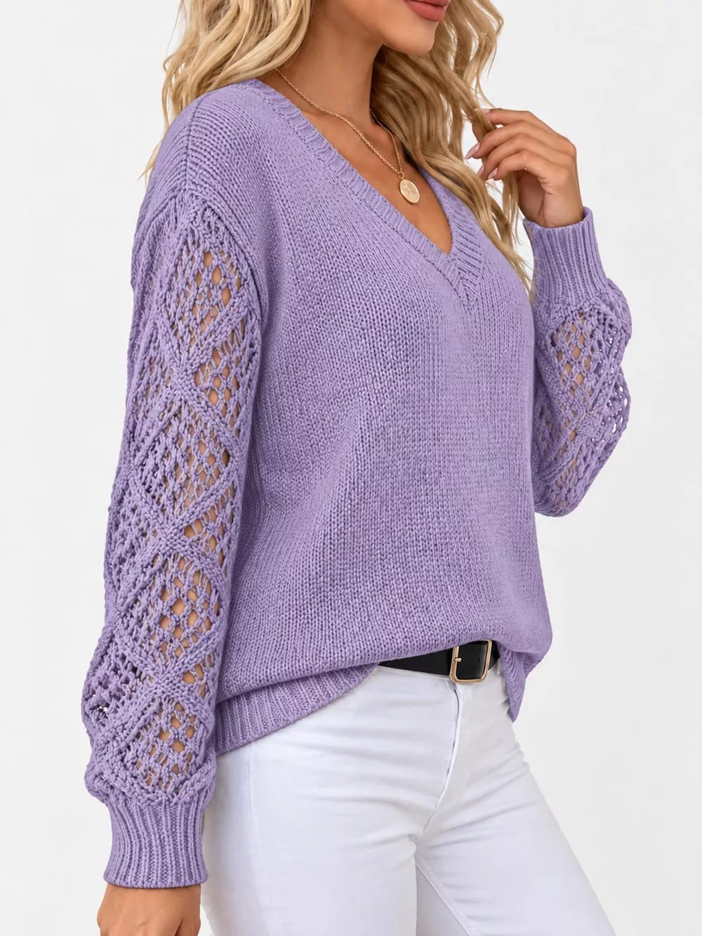 Full Size V-Neck Hollow-Out Long Sleeve Sweater Plus Size, image 25