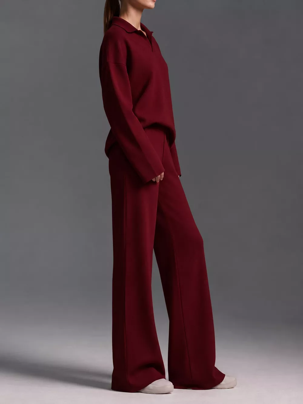 Polo Collar Top and Wide-Leg Pants Set, image 42