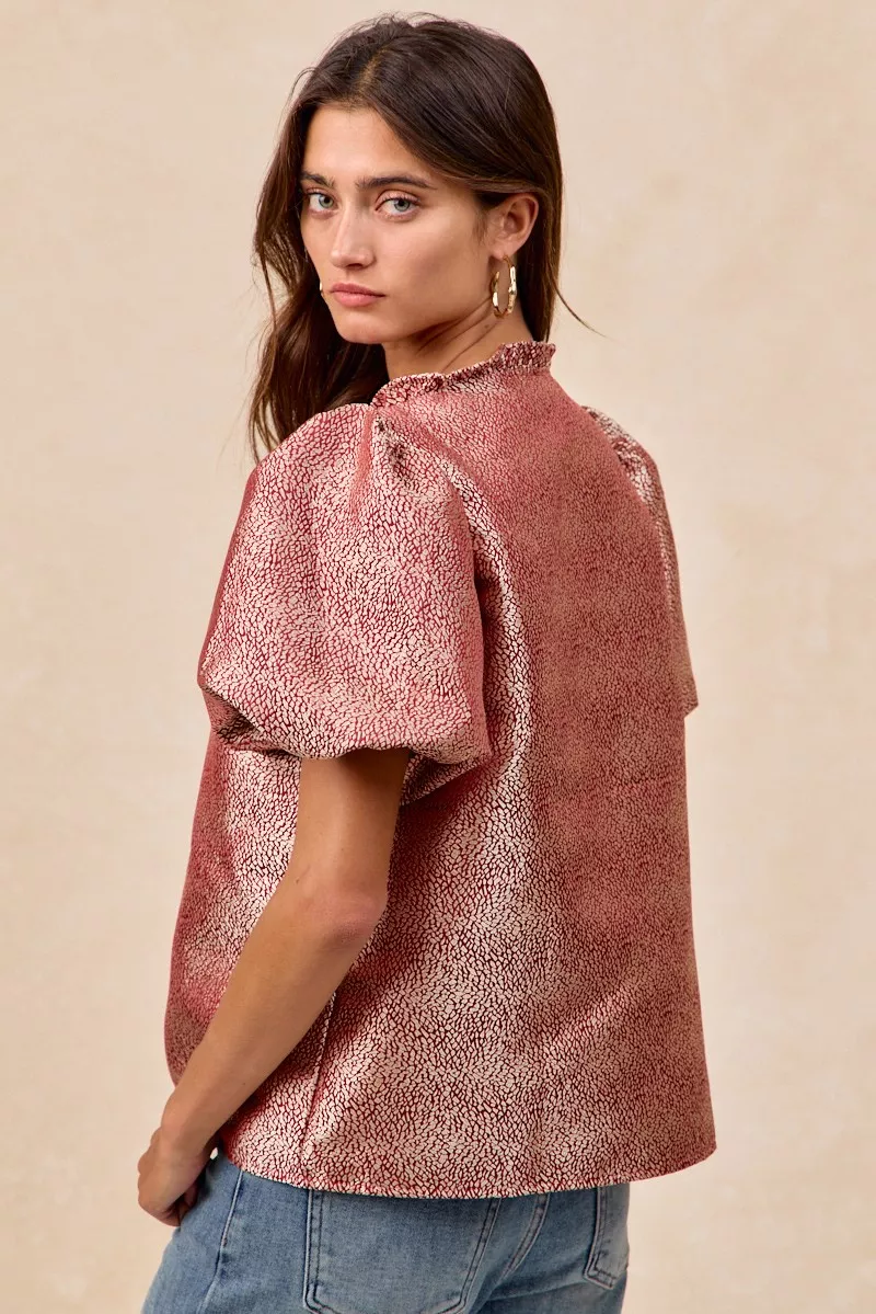 Jacquard Woven Short Balloon Sleeves V Neck Top, image 17